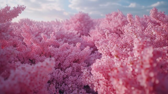 A tranquil scene of a grove filled with pink cherry blossom trees. The vivid colors create a serene and picturesque setting, indicative of the arrival of spring.