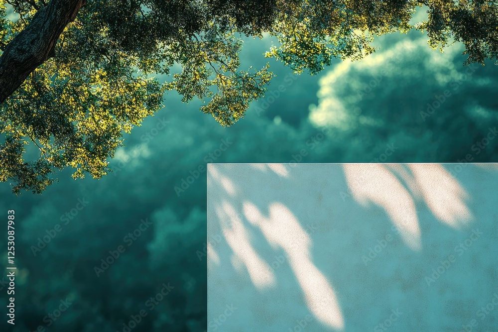 Poster serene landscape showcasing a tree's canopy casting shadows on a tranquil wall.