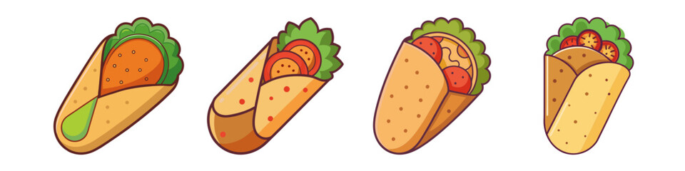 Falafel Wrap Illustrations with Fresh Ingredients - A set of colorful falafel wrap illustrations featuring fresh veggies, sauces, and a delicious Middle Eastern flavor profile.

