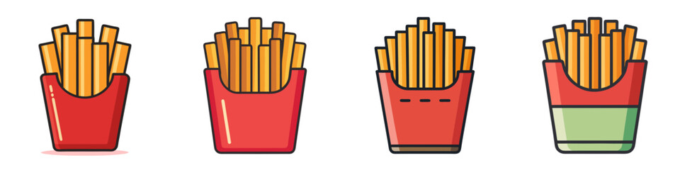 Illustration of Four Portions of French Fries - Cartoon-style illustration of four servings of crispy French fries in red and green containers, perfect for fast food themes.
 
