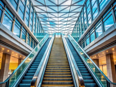 Modern Building Escalator and Stairs with Skylight - Architectural Stock Photo