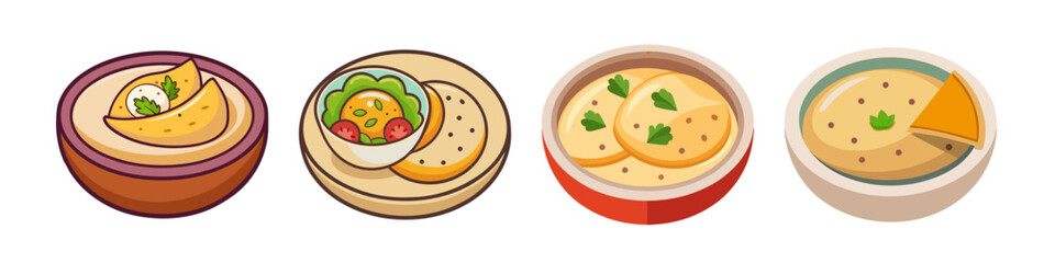 Illustration of Hummus with Pita and Other Dishes - Cartoon-style illustration of hummus with pita bread, soup, and other dishes served in various bowls, perfect for healthy meals.

