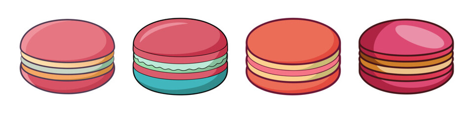 Illustration of Four Colorful Macarons - Cartoon-style illustration of four colorful macarons, each with different filling colors and designs, ideal for desserts and sweets themes.

