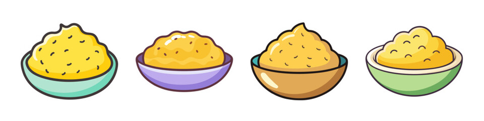 Illustration of Four Bowls of Mashed Potatoes - Cartoon-style illustration of four bowls filled with mashed potatoes, showcasing different bowl colors and textures.

