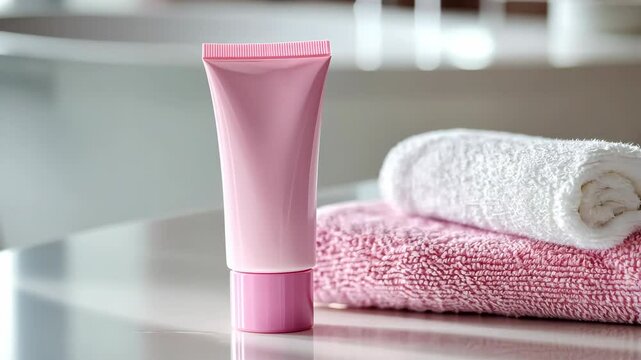 Blank cosmetic plastic pink tube mockup. Cream lotion gel packaging, white bathroom towel stack. Skincare beauty product. Marketing branding template mock up. Empty brand design background. Self care