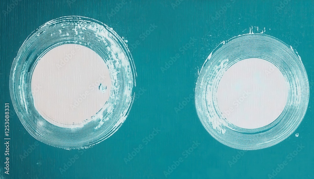 Poster abstract textured artwork with two white circular brushstroke patterns on teal background, modern minimalist design element

