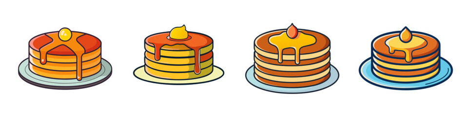 Illustration of Four Pancakes with Syrup - Cartoon-style illustration of four stacks of pancakes, each topped with syrup and other sweet toppings like butter.

