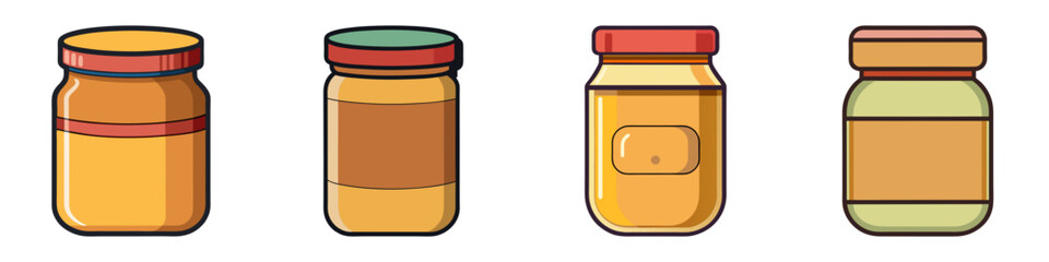 Illustration of Four Jars of Peanut Butter - Cartoon-style illustration of four jars of peanut butter, each with different labels and jar designs, ideal for food or snack content.

