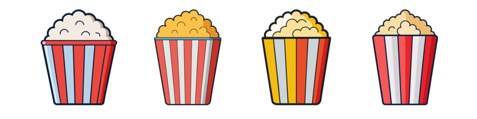 Illustration of Four Popcorn Containers - Cartoon-style illustration of four popcorn containers with different popcorn colors, perfect for snack or movie themes.

