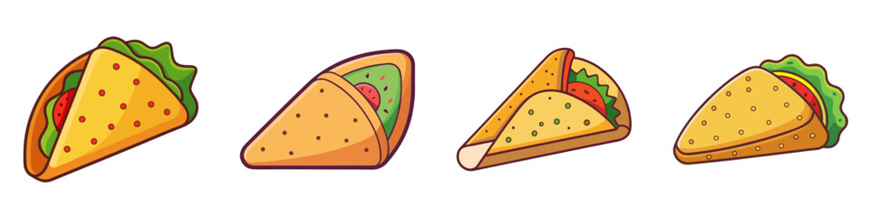 Illustration of Four Tacos and a Quesadill - Cartoon-style illustration of tacos and quesadillas, filled with fresh ingredients like lettuce, tomato, and cheese.

