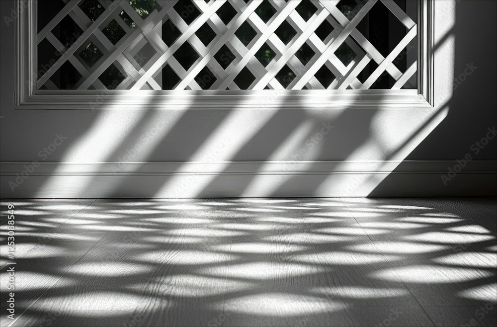 Aufkleber sunlight streams through a white lattice window, casting geometric shadows on a light floor.