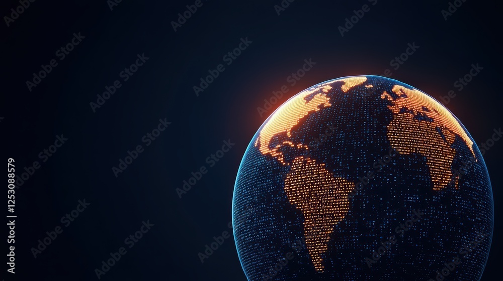 Poster illuminated digital globe with data patterns on dark background
