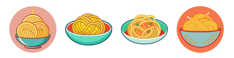 Cartoon Spaghetti Bowls with Various Toppings - A set of cartoon spaghetti bowls featuring different pasta shapes and toppings, ideal for Italian cuisine and food-themed content.

