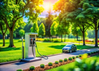 Modern Electric Vehicle Charging Station in Lush Green Park - Tilt-Shift Photography