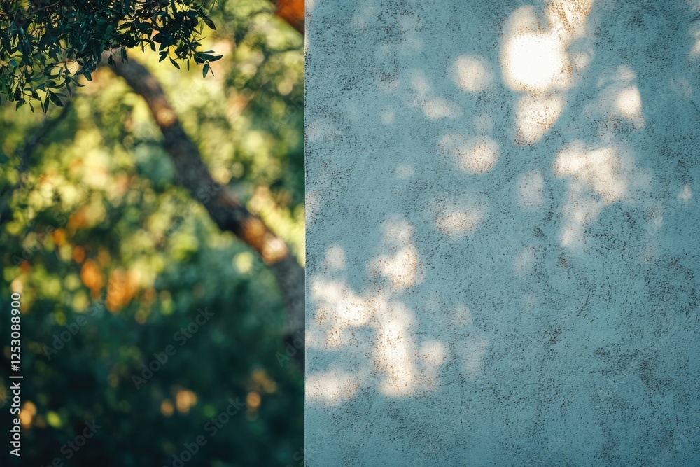 Poster blurred green foliage contrasts with a textured wall dappled with sunlight, creating a serene scene.