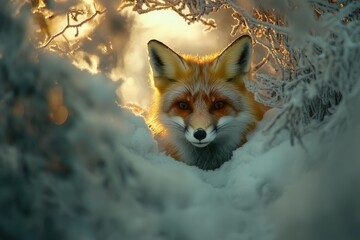 A red fox peers from a snowy winter scene, bathed in golden sunlight.