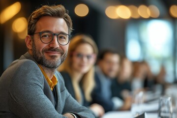 Fototapeta premium Professional attendees engage in a productive conference setting with positive interactions