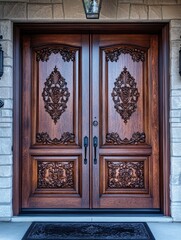 Obraz premium The image showcases a beautifully detailed wooden double door with intricate carvings, adding an air of elegance to the entrance of a house.