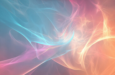 Obraz premium Colorful pastel background in soft pink, blue, and yellow hues, featuring ethereal smoke swirls and glowing light effects, creating a dreamy and soothing atmosphere with a light, airy fee