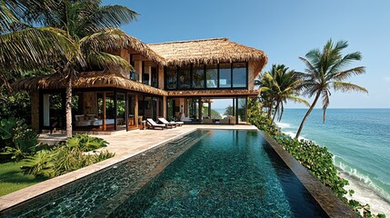 Fototapeta premium Tropical Oceanfront Villa with Infinity Pool and Palm Trees