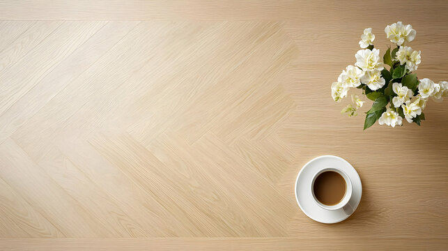 White Flowers and Coffee Cup on Light Wooden Table