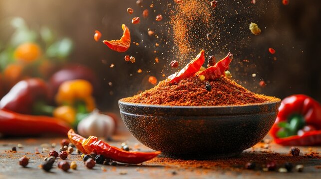 A bowl of vibrant spices with dried chilies, showcasing culinary richness and flavor.