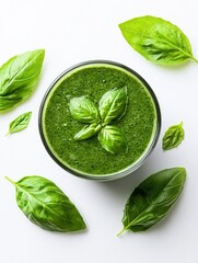 Obraz premium A delicious and nutritious pesto smoothie bowl, perfect for a healthy meal or snack. Topped with fresh basil leaves and possibly other gourmet ingredients.