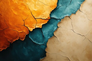 Abstract art featuring cracked textures in shades of orange, teal, and beige.