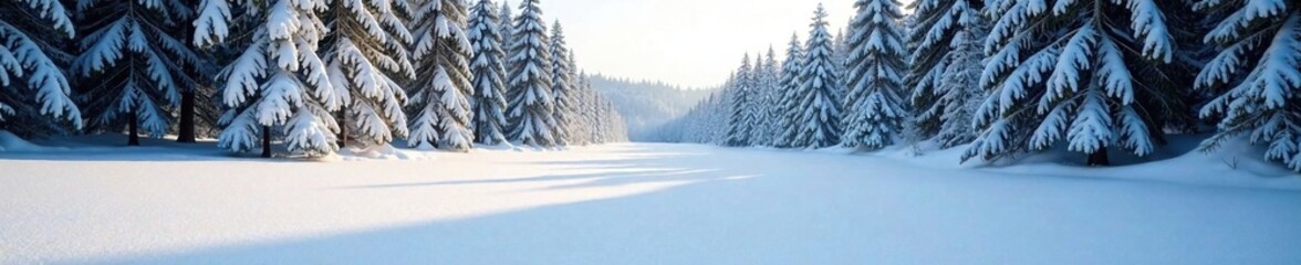 A smooth and untouched snowfield lies in the heart of a forest, winter wonderland, winter landscape, snow-clad woods
