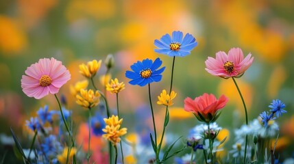 Wildflowers blooming, close-up of colorful flowers in full bloom, vibrant meadow in the background