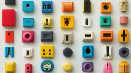 Fototapeta premium A display of assorted electrical plugs and sockets in vibrant colors, laid out on a neutral background for a high-contrast, eye-catching composition.