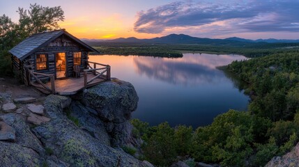 Obraz premium Mountain Cabin Lakeside Sunset Serenity