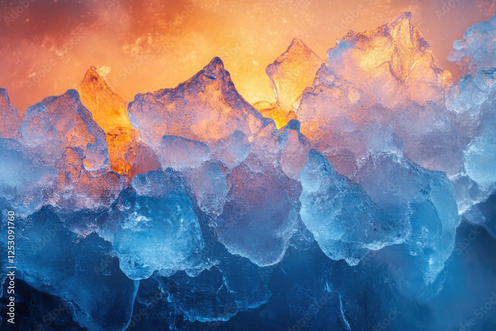 Poster a breathtaking view of ice formations illuminated by warm sunset hues, creating a surreal and captiv