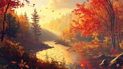 Autumnal river scene, vibrant foliage, tranquil forest, golden hour light; ideal for nature, travel, and seasonal designs