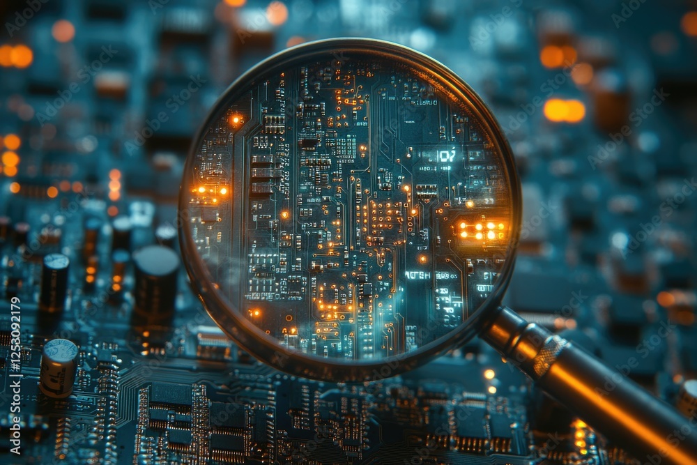 Poster a magnifying glass reveals the intricate details of a circuit board, showcasing the complexity of mo