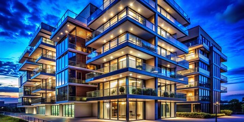 Obraz premium Modern Residential Building Night Photography: Contemporary Architecture & Balconies