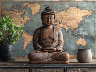 Serene Buddha Statue Against World Map Background.