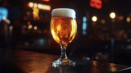 Close-up of golden ale in a frosted glass on a bar.