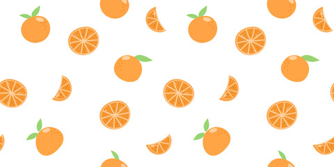 Seamless pattern of orange fruits , half and green leaf with hand drawn on white background, Vector illustration. Cute fruit print.