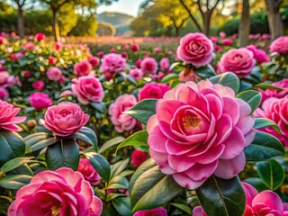 Fototapeta premium Luminous pink camellias burst in a panoramic spring blossom, showcasing vibrant garden scenery.