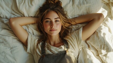 Naklejka premium Relaxed Young Woman in Casual Outfit on Cozy Bed at Home