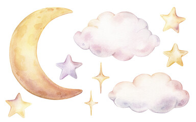Watercolor set of watercolor illustrations with cute clouds, moon and stars in pastel rainbow colors. Drawing sky perfect for conveying a dreamy atmosphere for kids greeting cards or nursery wall art.
