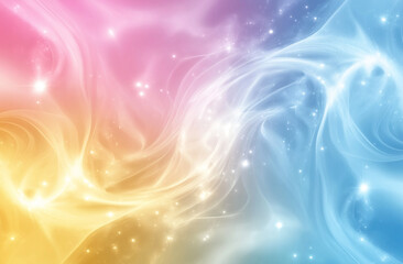 Fototapeta premium Colorful pastel background in soft pink, blue, and yellow hues, featuring ethereal smoke swirls and glowing light effects, creating a dreamy and soothing atmosphere with a light, airy fee