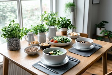 Beautifully set table with fresh salads, grains, and herbs in a bright dining space by a large window, creating a healthy and inviting meal atmosphere.

