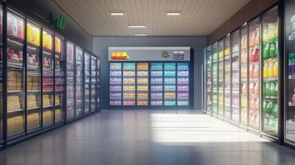 A large commercial freezer with glass sliding doors, filled with colorful frozen food packages, set in a brightly lit, spotless environment.