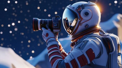 A 3D-rendered astronaut capturing a celestial view, holding a camera while stars twinkle.