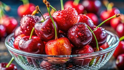 Macro lens captures succulent red cherries, glistening in a glass bowl; stunning food photography.