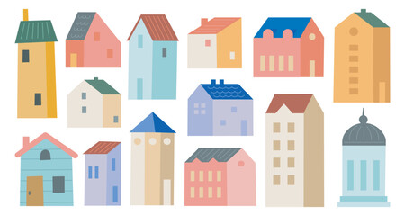 Fototapeta premium Hand Drawn Colorful House Doodle Set – Cute Pastel Residential and Urban Buildings Clipart for Architecture, Real Estate, and City Design Projects