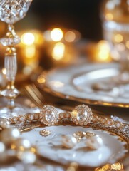 Elegant table setting with gold and crystal elements.