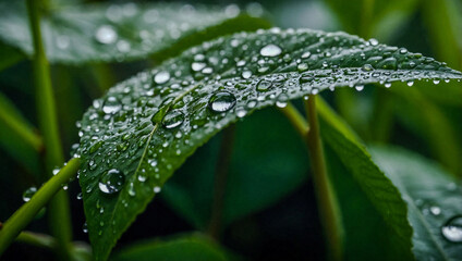 Close-up of water droplets on a green leaf after rain.